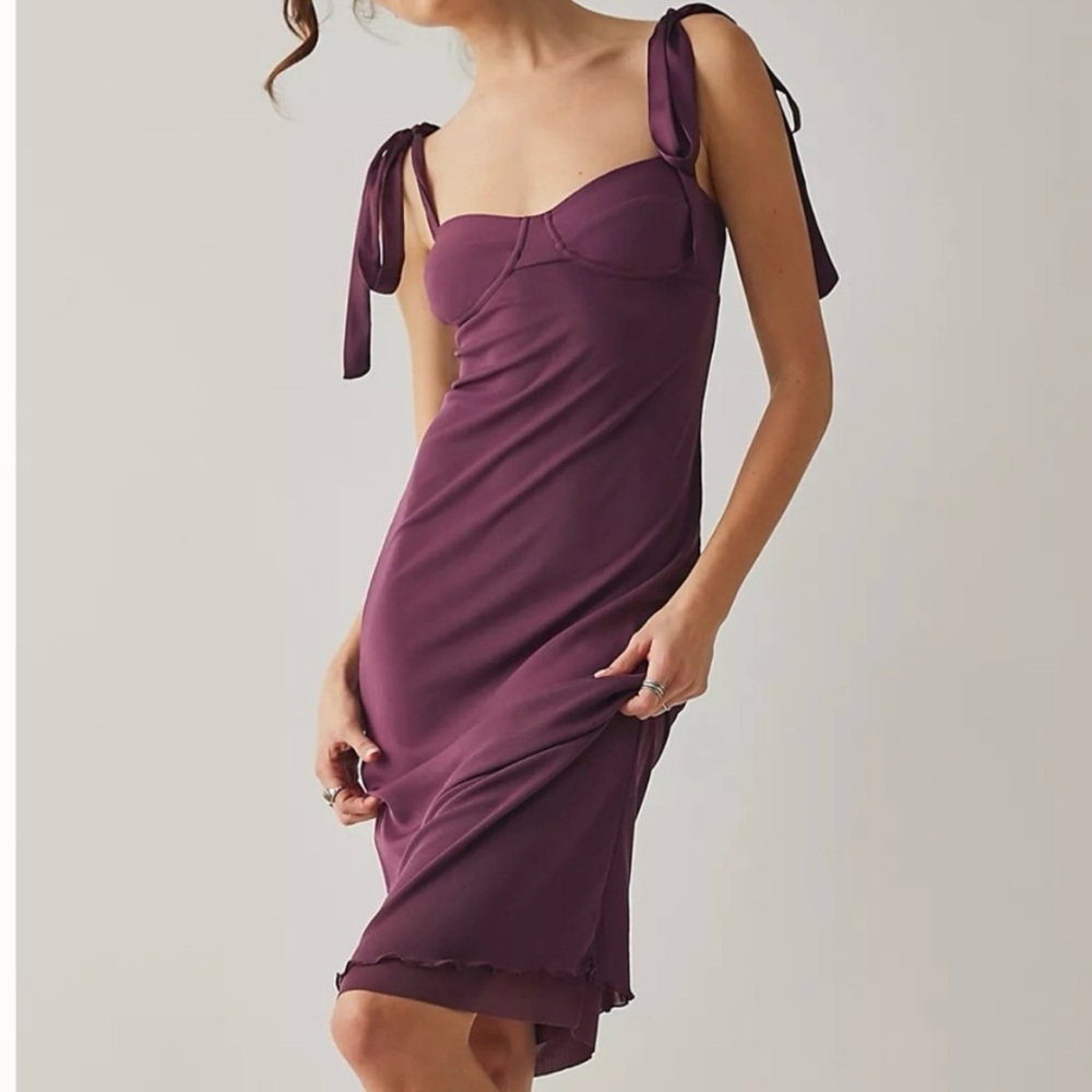 Free People Got Glam Mesh Slip Dress Midi Sleeveless Lettuce Trim Maroon L
